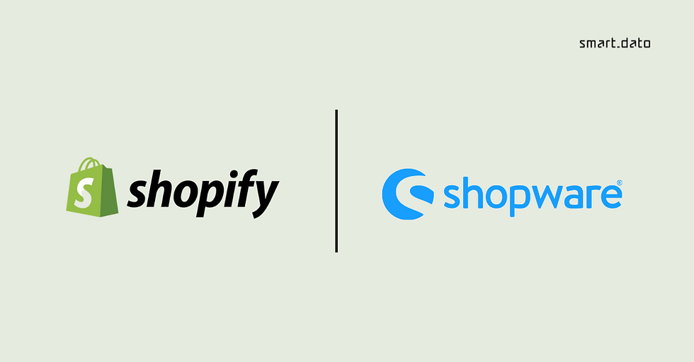 Smart Dato comparison graphic showing Shopify and Shopware logos side by side on a light background.