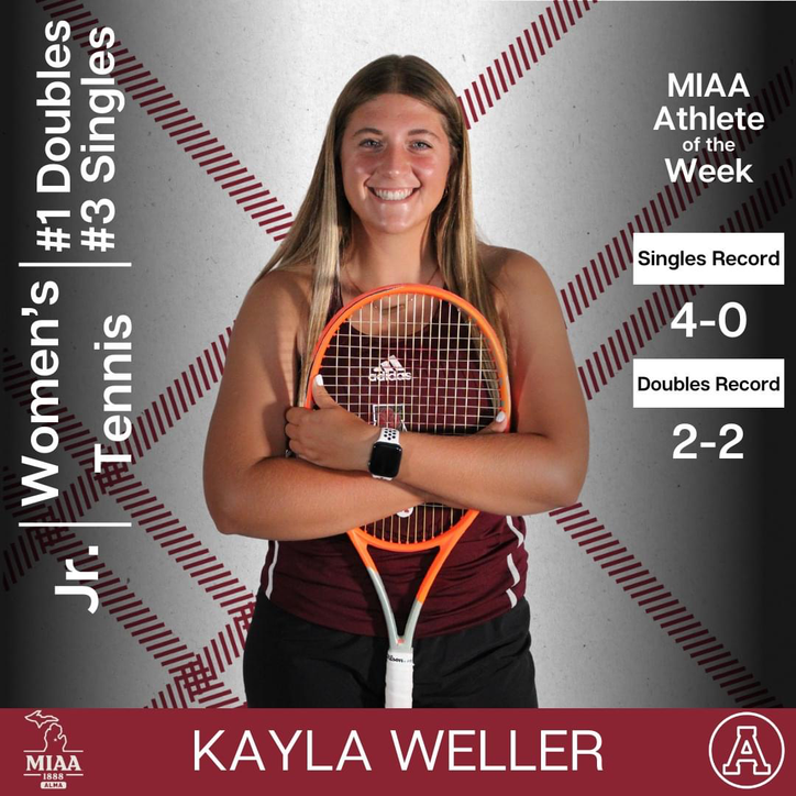 Alma College's Kayla Weller named MIAA Tennis Athlete of the Week 