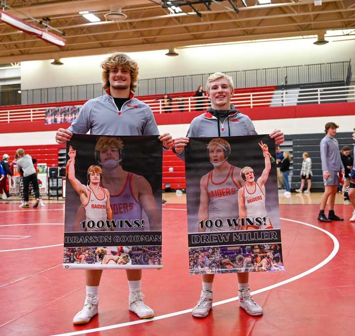 Goodman and Miller earn 100th wins as Raider wrestling goes 1-1 in double duel
