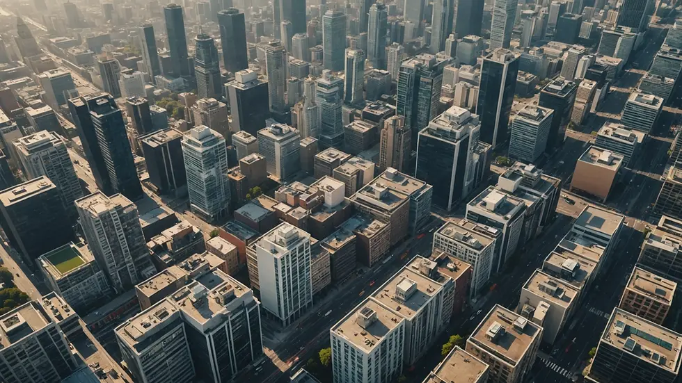 High angle view of a modern cityscape showcasing various buildings