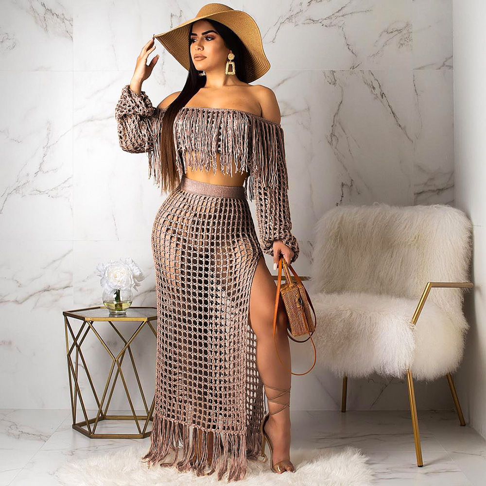 Long Sleeve Backless Beach Mesh Skirt Set Fleece