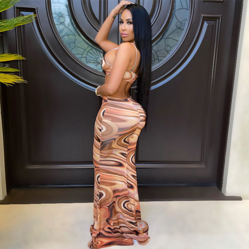 Thumbnail: Printed Hollow‑Out Backless Halter Bodycon Maxi Dress