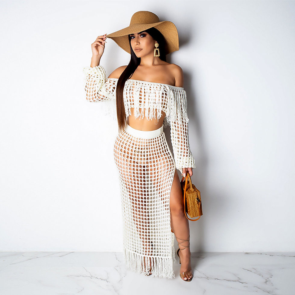 Miniatura: Long Sleeve Backless Beach Mesh Skirt Set Fleece