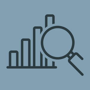 Icon of magnifying glass pointed at bar chart