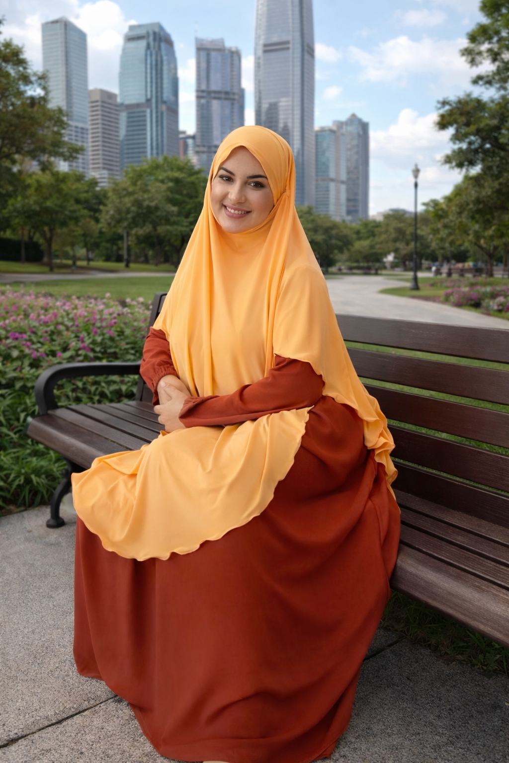 Peach long cape short shoulder hijab built in niqab