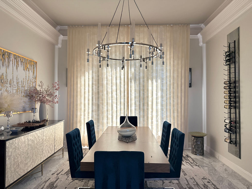 Luxury dining room with custom made drapes for living room.