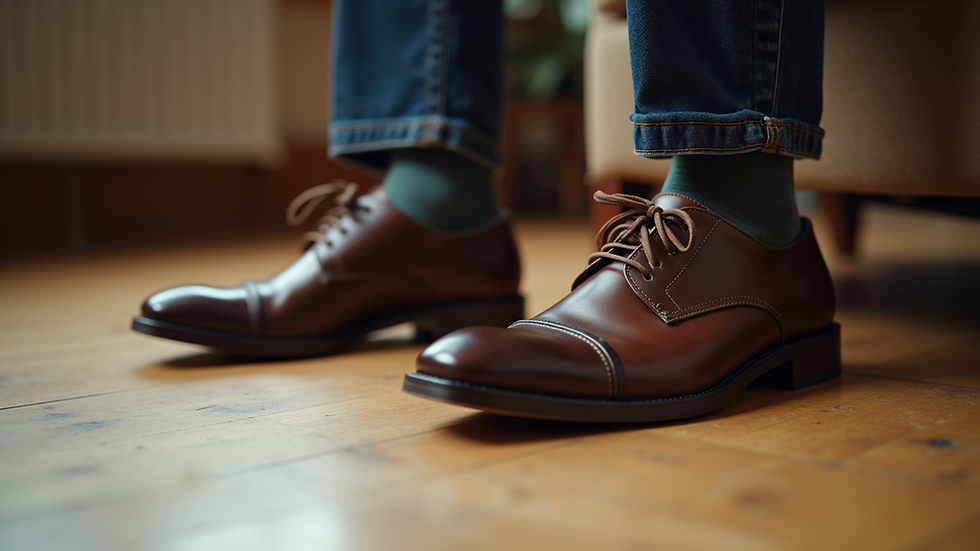 close-up view of men's shoes and socks on wooden floor