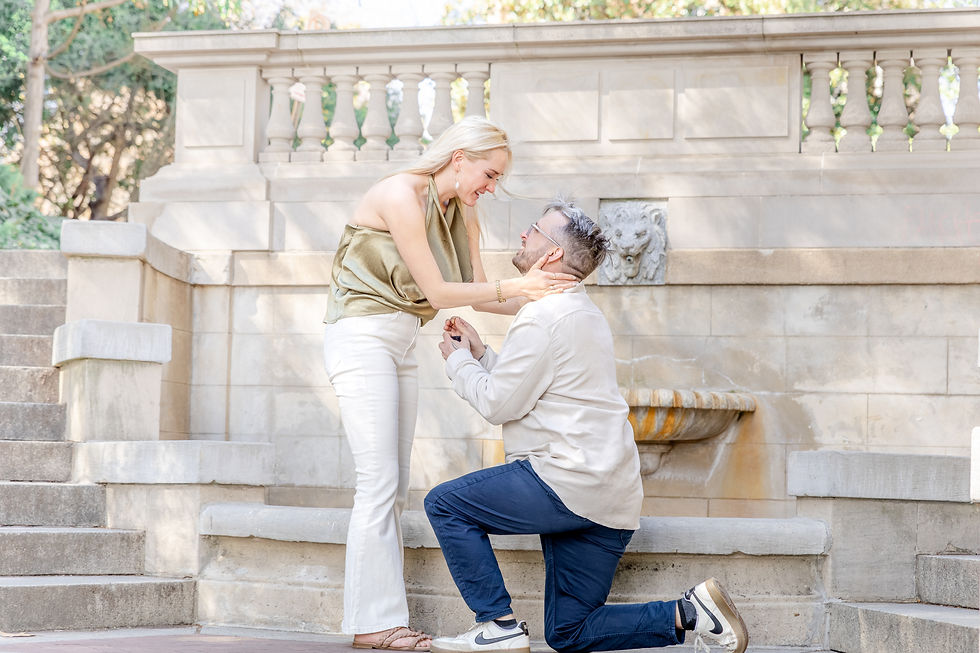 A man kneels, proposing to a woman by a stone fountain. She's smiling, hands on his face. They're in a sunny outdoor setting with steps.