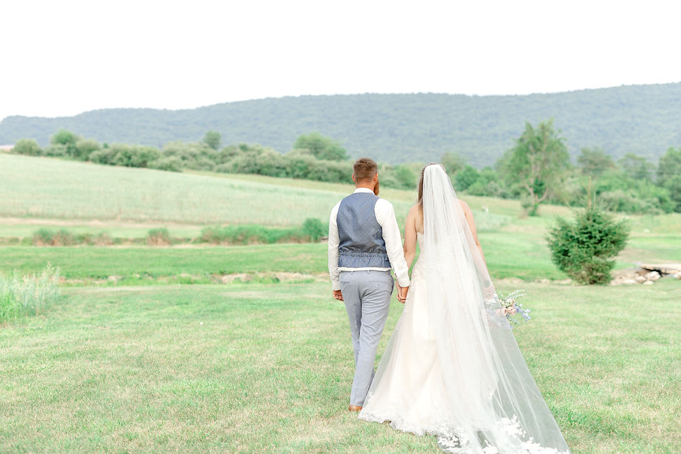 Bride and groom walk hand in hand across a grassy field, bride in long white veil and bouquet, mountains in the background.