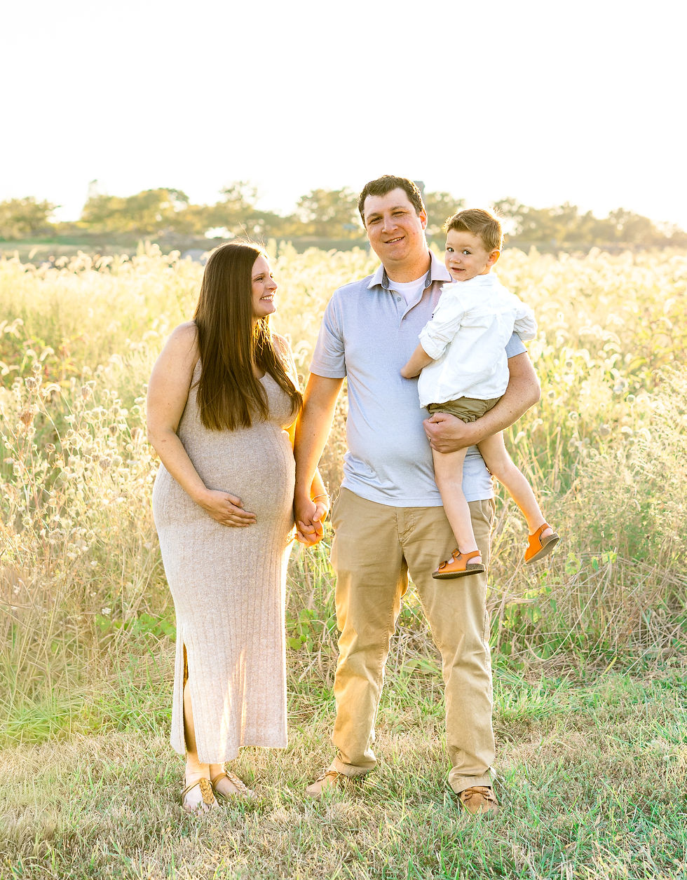Pregnant woman and man hold hands, standing in a sunlit field. Man carries a smiling child. Warm, serene atmosphere with greenery.