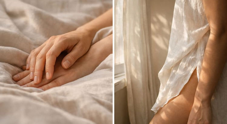 soft natural light, tactile textures, hands on fabric, sunlight on skin, slow living aesthetic, intimate editorial photography, sensual lifestyle imagery, minimal wellness imagery, embodied living, private moments