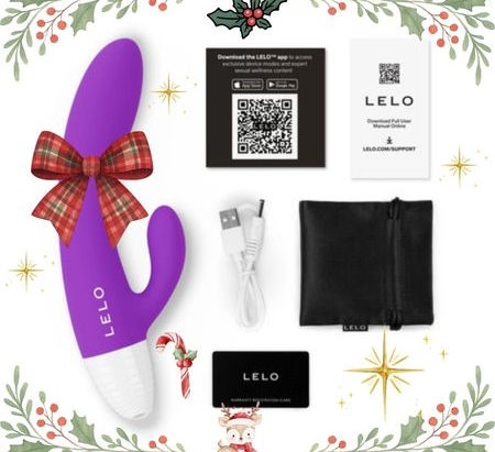 Christmas-themed LELO dual-stimulation vibrator with festive bow, surrounded by holiday elements, featured in Mommys Toy Shop’s Edmonton Christmas Gift Guide.
