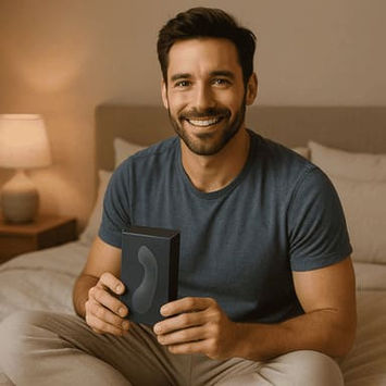 A confident, attractive man in his 30s sitting comfortably on his bed, smiling while holding a discreetly packaged sex toy box. Soft lighting, cozy neutral-toned bedroom.