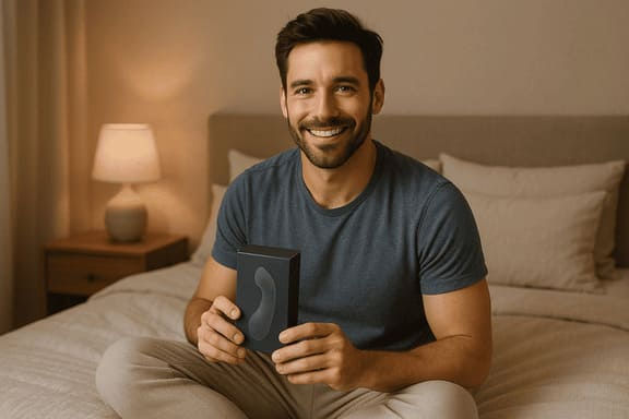 A confident, attractive man in his 30s sitting comfortably on his bed, smiling while holding a discreetly packaged sex toy box. Soft lighting, cozy neutral-toned bedroom.