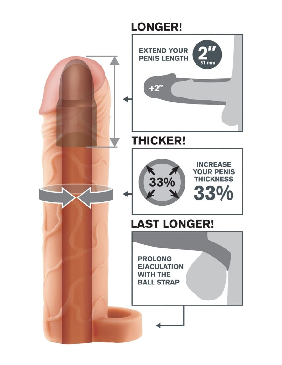 Fantasy X-tensions Perfect 2" Extension with Ball Strap - Light pictogram of features and benefits of using a cock sleeve