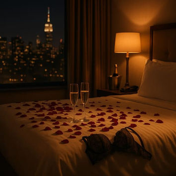 A sensual hotel room at night, soft ambient lighting, a city skyline visible through the window. On the bed: rose petals, champagne glasses, a lacy bra draped over the edge, and a luxury sex toy discreetly placed. Warm, moody tones, romantic and erotic but classy.
