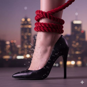 Artistic close-up of an ankle wrapped in red rope above a black stiletto heel with champagne droplets, set against a blurred city skyline at dusk.