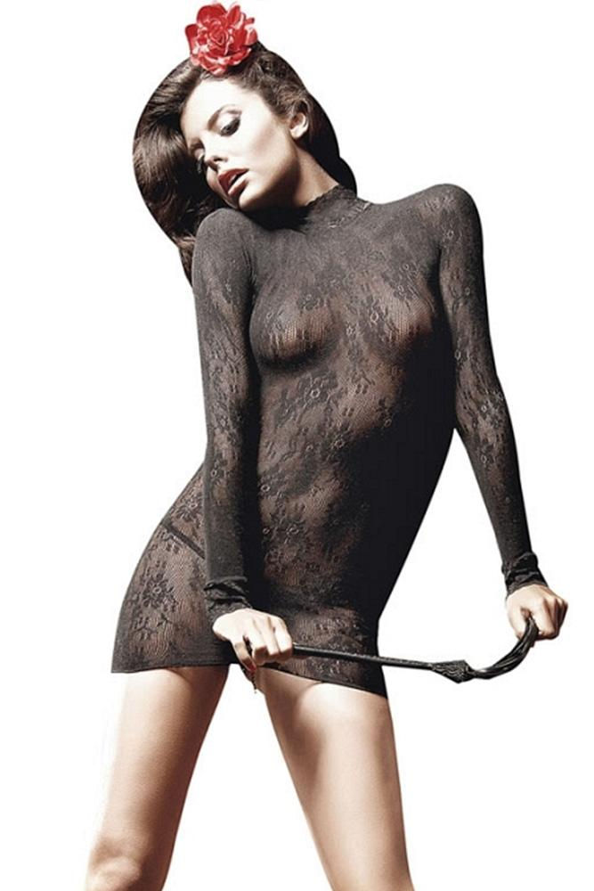 Long Sleeve All Over Black Lace Chemise Dress