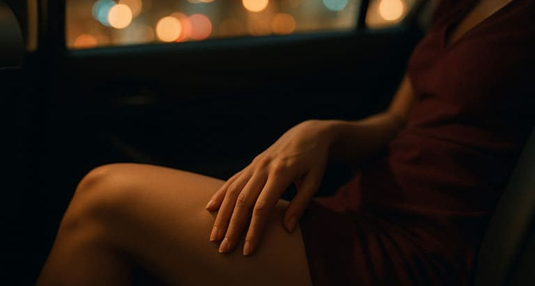 woman in a short skirt in the back of a vehicle about to start masturbating with a clit sucker