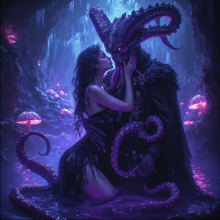 Dark fantasy romantic scene with an infernal woman embracing a tentacled alien ruler in a glowing cave.