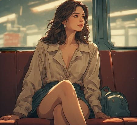 Woman sitting on a bus with legs crossed, subtle tension in posture, representing hands-free stimulation in a public setting