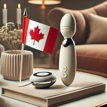 A sleek and stylish image featuring a Canadian sex toy placed next to a fluttering Canada flag, accented with a subtle maple leaf design. This visual celebrates the value of shopping at a Canadian sex shop, like those in Edmonton, to support local creators and dodge tariff-driven price hikes. Perfect for anyone passionate about quality intimate goods and keeping it Canadian