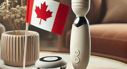 A sleek and stylish image featuring a Canadian sex toy placed next to a fluttering Canada flag, accented with a subtle maple leaf design. This visual celebrates the value of shopping at a Canadian sex shop, like those in Edmonton, to support local creators and dodge tariff-driven price hikes. Perfect for anyone passionate about quality intimate goods and keeping it Canadian