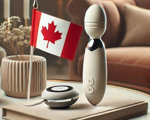 A sleek and stylish image featuring a Canadian sex toy placed next to a fluttering Canada flag, accented with a subtle maple leaf design. This visual celebrates the value of shopping at a Canadian sex shop, like those in Edmonton, to support local creators and dodge tariff-driven price hikes. Perfect for anyone passionate about quality intimate goods and keeping it Canadian