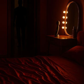 A sensual and dimly lit bedroom with red satin sheets, a glowing vanity, and a sleek vibrator charging next to a mirror. In the background, a shadowy figure stands quietly in a hallway doorway, partially obscured. The vibe should be intimate, voyeuristic, and suggestive — no nudity, just heavy tension and soft lighting.