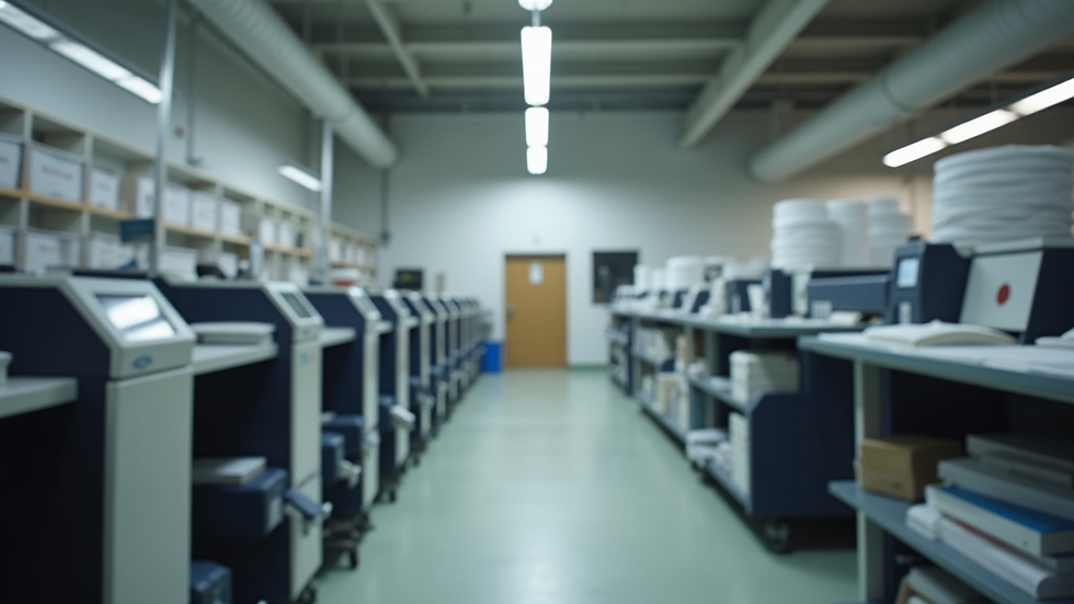 Eye-level view of a local print shop with printers and paper stacks