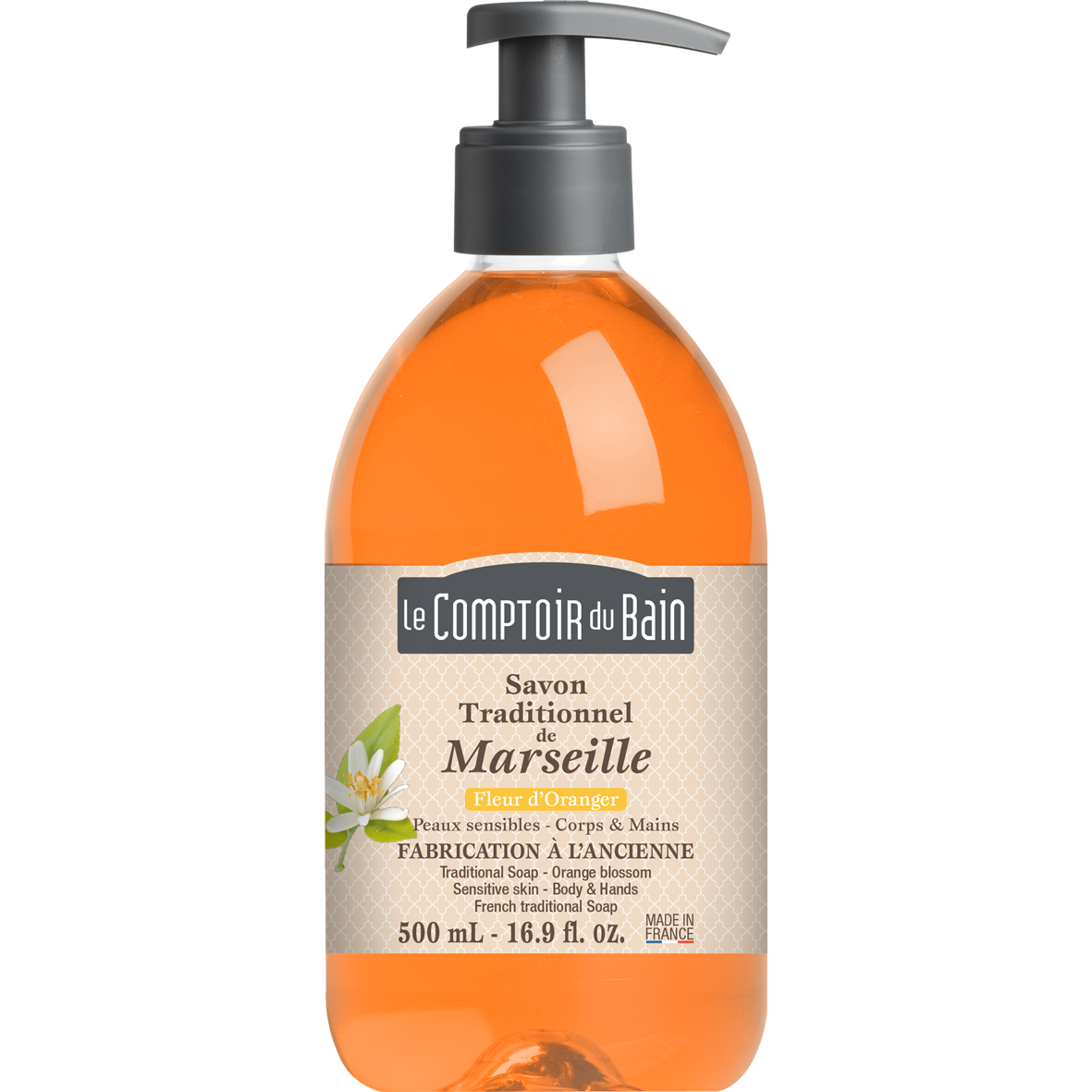 LE COMPTOIR DU BAIN  savon traditionnel de Marseille fleur d'oranger 500mL