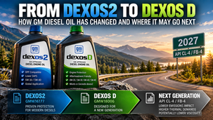 GM dexos2 and dexos D diesel engine oil specifications compared, showing the transition toward next-generation diesel oils and API CL-4 and FB-4 in 2027.