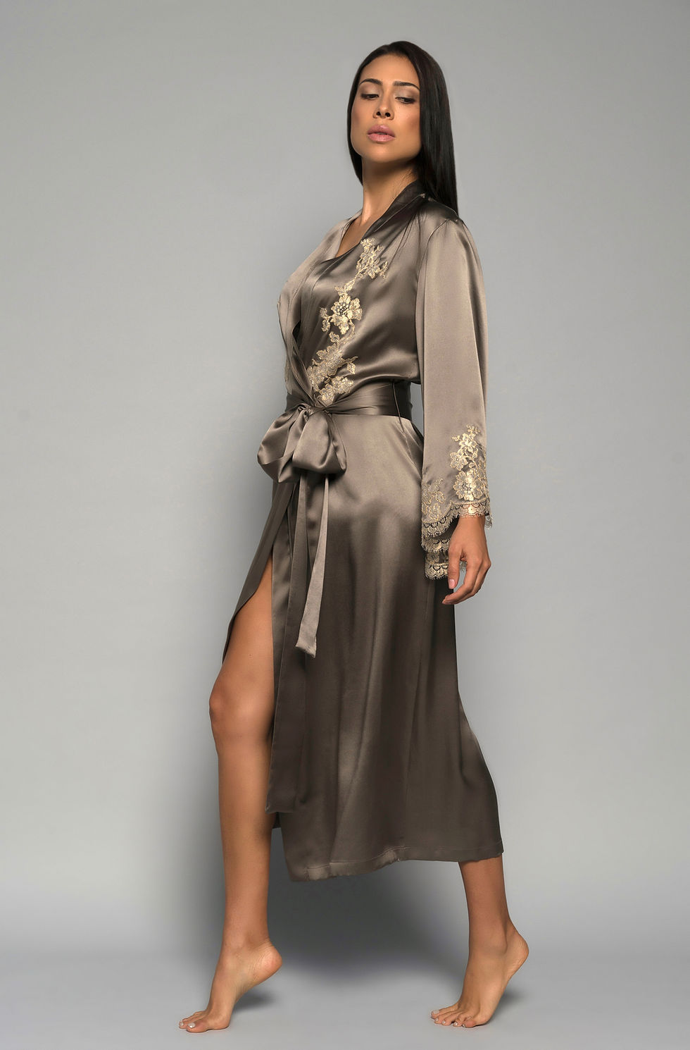 Thumbnail: Gilded Rose Long Robe, Bronze Silk Satin Gold Lace