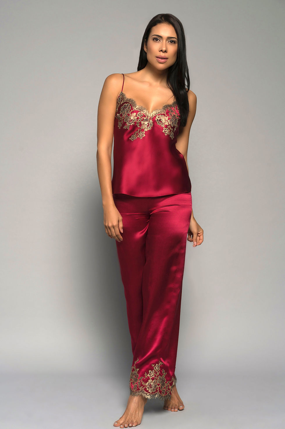 Thumbnail: Gilded Rose Pants, Cherry Silk Satin Gold Lace