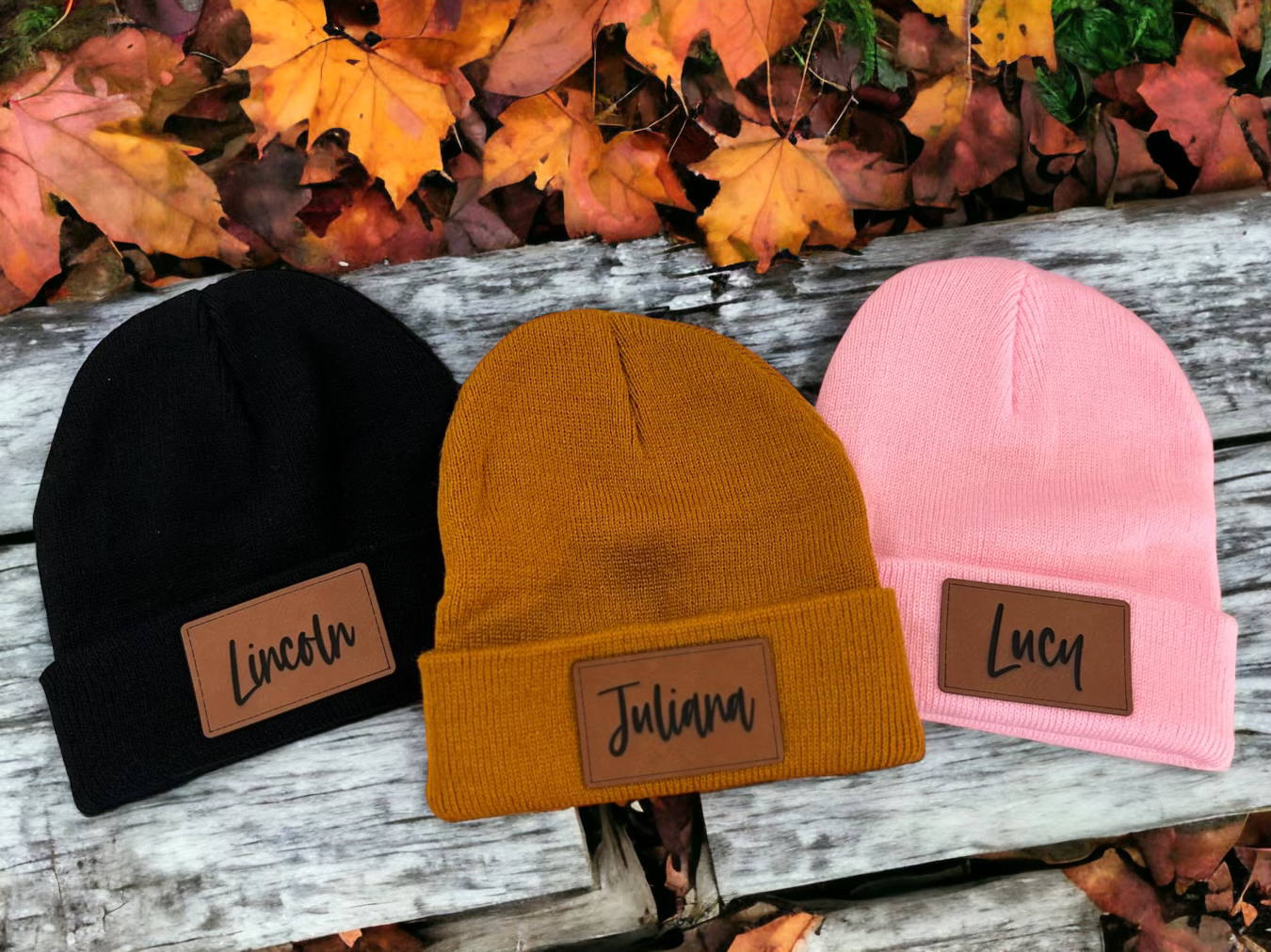 Leather patch name beanies
