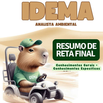 Capybara (capivara) animado e sorridente, vestido com um boné da bandeira do Brasil e uma camiseta verde com o logo 'IDEMA', dirigindo um quadriciclo ou veículo off-road branco. O texto na imagem diz 'IDEMA', 'ANALISTA AMBIENTAL', 'RESUMO DE RETA FINAL', 'Conhecimentos Gerais + Conhecimentos Específicos'. O cenário é um ambiente com dunas de areia.
