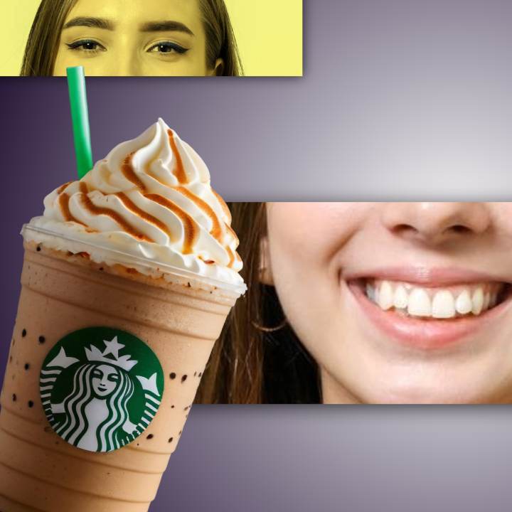 Una persona feliz con un vaso de Starbucks.