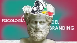 Escultura estilo busto griego con elementos saliendo de la cabeza: un goco, un megáfono y una gráfica de pastel, con el texto "La psicología del branding", sobre un fondo celeste con gradiente rosa.