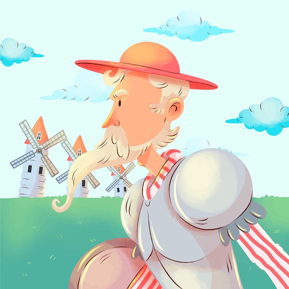 Acuarela de Don Quijote de la Mancha, con molinos al fondo.