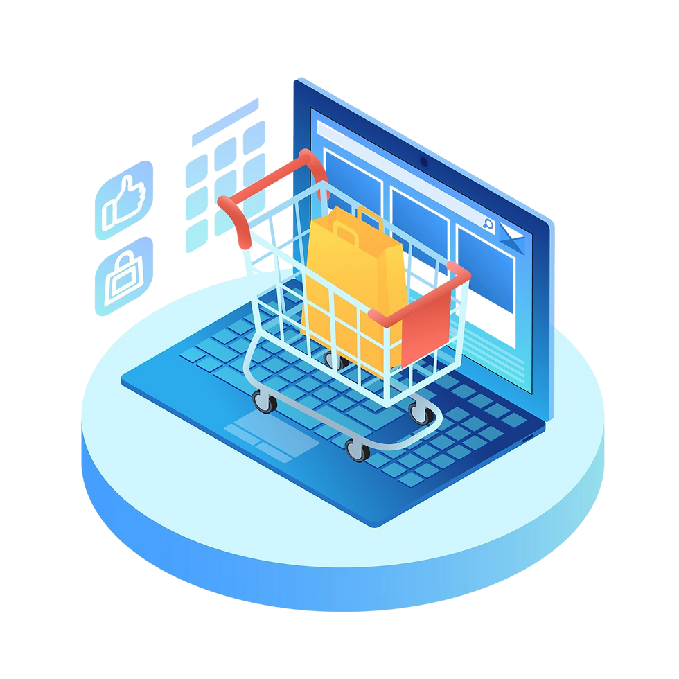 Ilustración de un carrito de compras encima del teclado de una laptop, simulando la compra en línea.