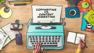 maquina de escribir estilo animación, con texto que dice "copywriting vs. content marketing"