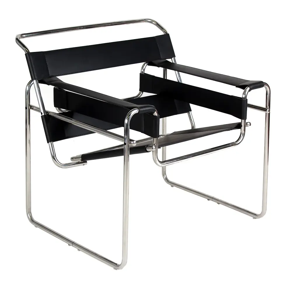 Wassily model chair, with chromed tube legs and black leather strip seat.