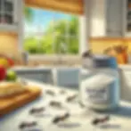 An illustration of sugar ants in a kitchen, forming a trail leading to an open sugar jar on the countertop. The scene includes crumbs and food items nearby, with light-colored cabinets and a bright Florida-style setting featuring sunlight streaming through a window.
