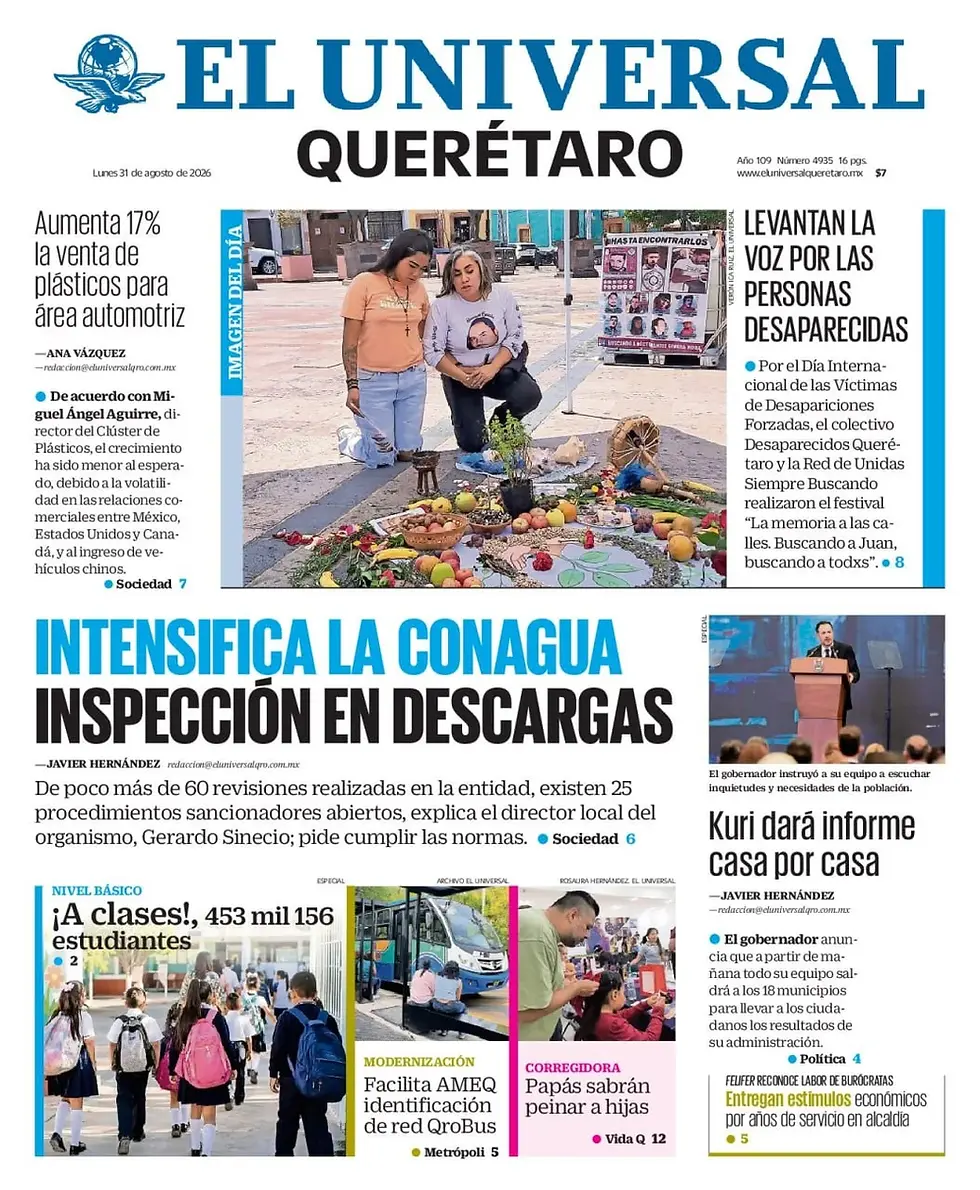 Lunes 31 agosto. El Universal Querétaro