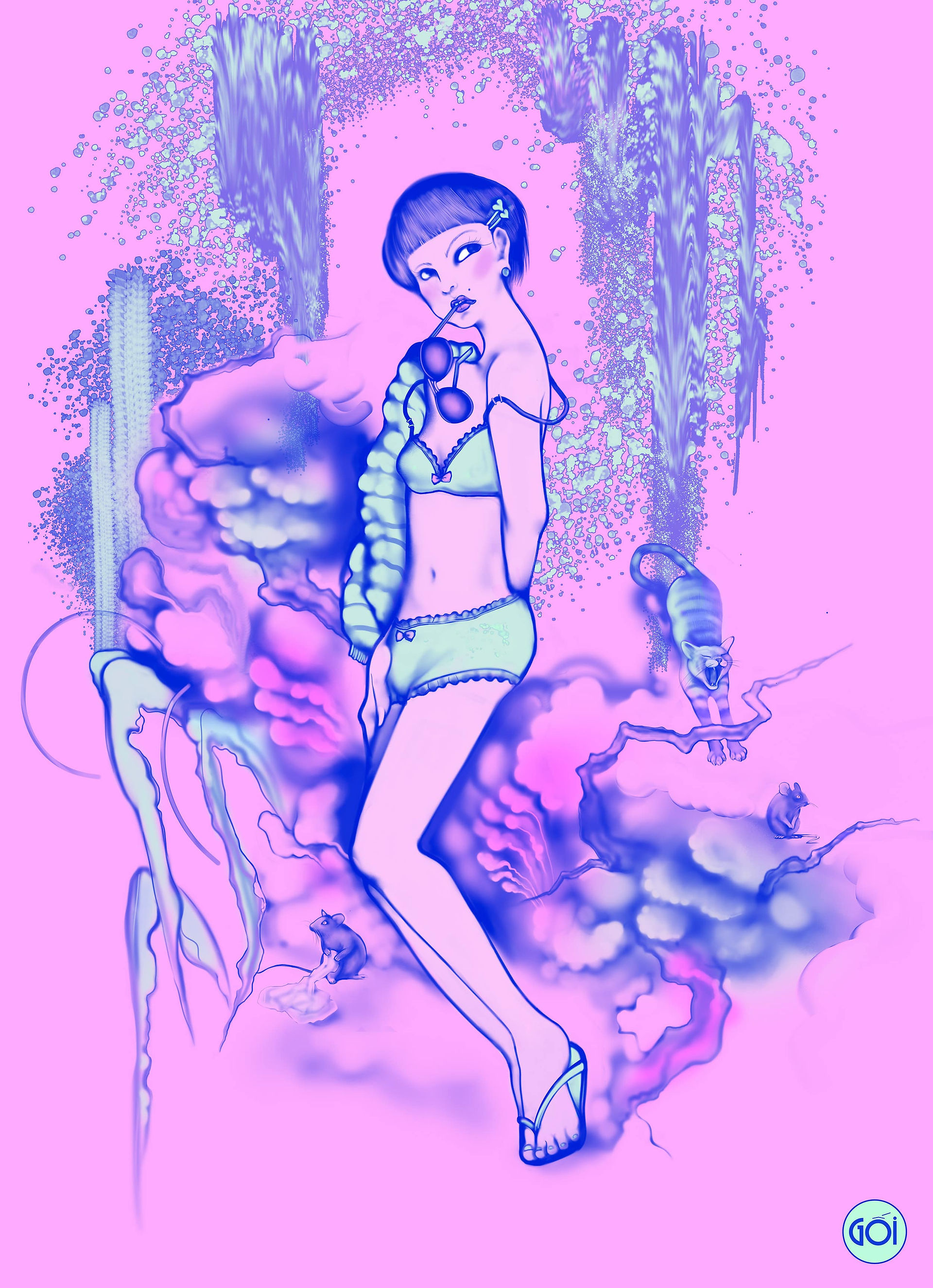 A woman in a pink outfit standing in a neon-lit Saigon street, surrounded by swirling urban shapes in a digital illustration