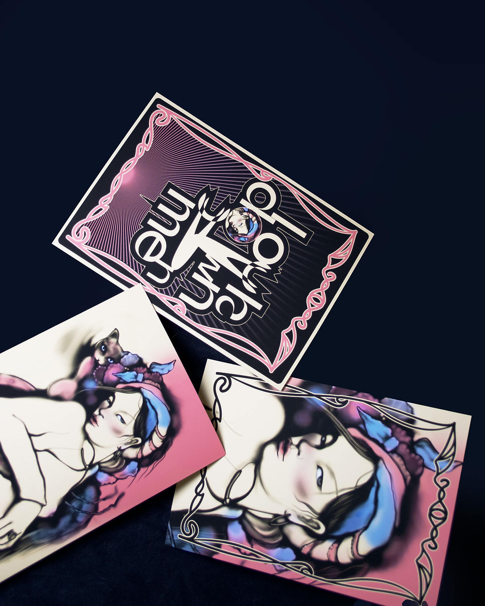 Hình thu nhỏ: Set of 3 muted black and beige mini art collectible postcards featuring haughty female portraits and bold typography.