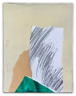 Abstract mixed-media artwork on a beige canvas background. A torn vertical strip of white paper with dense black pencil scribbles dominates the left side, while a torn piece of brown paper sits along the bottom edge. Overlapping the brown paper is a green painted section with visible brushstrokes, adding texture and contrast. The composition emphasizes raw edges, layering, and contrasting textures.