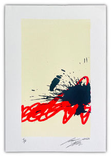 Abstract artwork on textured white paper featuring a bold red scribble-like pattern across the lower half of a pale yellow rectangle. Overlapping this is a dynamic black ink splatter that radiates outward with expressive energy. Handwritten notations include “A/P” in the bottom left and a signature with the year “2023” in the bottom right corner.