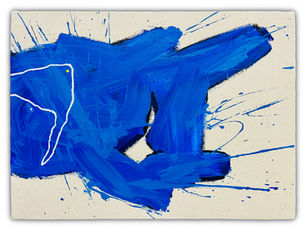 Abstract painting featuring expressive blue brushstrokes and splatters over a beige canvas. A winding white line with a small yellow dot near its top left traverses the blue forms, adding contrast and direction. The bold, gestural marks and energetic drips create a sense of dynamic motion and layered texture.