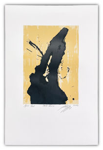 Abstract print titled Strade Diverse, artist proof from 2025. The central figure is a bold, black ink-like form with expressive splatters and drips, resembling a dynamic, rising structure or figure. It appears against a textured golden-yellow background with vertical streaks, giving the impression of a worn or weathered surface. The ink shape is dense and gestural, with subtle voids and splashes extending outward. Below the image are handwritten details: “Artist Proof,” the title, date, and artist’s signature. The piece evokes energy, contrast, and tension through its stark palette and vigorous composition.